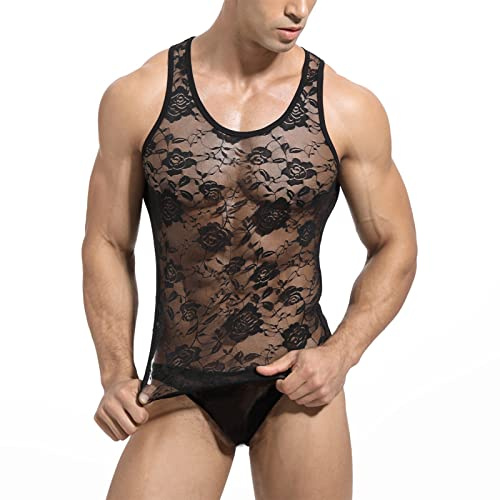 YJZQ Herren Mesh Transparent Bodysuit Spitzen Tops Sissy Dessous Männer sexy Unterwäsche Erotik Weste ärmellose Einteiler Singlets Jumpsuit Nachtwäsche M-XL