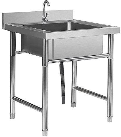 Fregadero de cocina comercial plateado, tazón individual de acero inoxidable con soporte de grifos Lavabo de pie independiente con protector contra salpicaduras alto para lavadero Patio tras