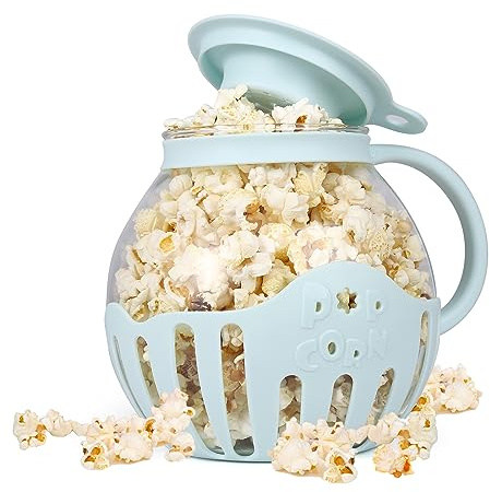 MMUGOOLER Glass Microwave Popcorn Popper, 2.25QT Original Popcorn Jar with Plastic Lid, Without BPA, Dishwasher Safe- Blue
