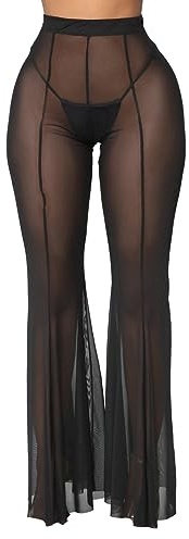 Pantalon en Maille Transparente pour Femmes, Large Taille Haute, Cover up Sheer Beach Bikini Bottoms, Maillot de Bain évasé Volants Sexy pour Costume de Performance Party Rave