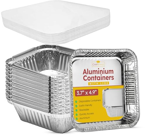 100x Disposable Aluminum Foil Containers with Lids | Size No 1, Disposable Foil Trays Containers | Rectangular Tin Foil Trays for Food Storage, Baking, Roasting, Meal Prep and Takeaway (220ml)