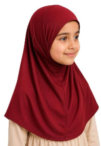 Yaqeen flickor omedelbar huvudduk hijab vanlig al Amira, färdig dra på halsduk, perfekt för alla tillfällen skolor/barnkammare, Vinröd, one size