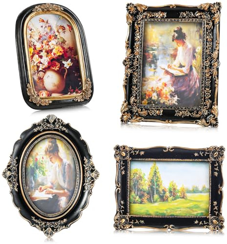 Geetery 4 Pcs Vintage Picture Frames Set, Black Ornate Baroque Frames for Gallery Wall, Antique Victorian Decorative Photo Frame for Tabletop or Wall Display, Shabby Cottagecore Home Decor