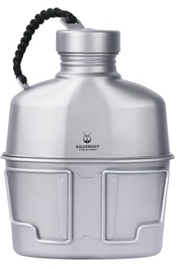 SILVERANT Kit mensa da campeggio in titanio militare mensa kit ultraleggero da campeggio con custodia per il trasporto e manico pieghevole – Bottiglia 1000 ml, tazza 600 ml (mensa con paracord)