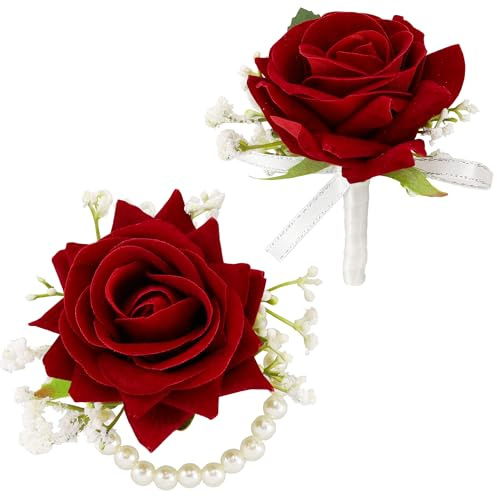 SITUMEIZI Ansteckblume und Ansteckblume mit roten Rosen, Armband für Abschlussball, Dekoration und Ansteckblume für Herren, Hochzeit, Blumen, Accessoires, Party, Anzug, Dekoration, 2 Stück