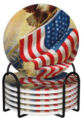 Amerikanische USA-Flagge Adler Kunst gedruckt Keramik Untersetzer Set mit 6 Stück, runde Form, rutschfeste Getränkeuntersetzer Sets mit saugfähigem Korkboden und Metallhalter