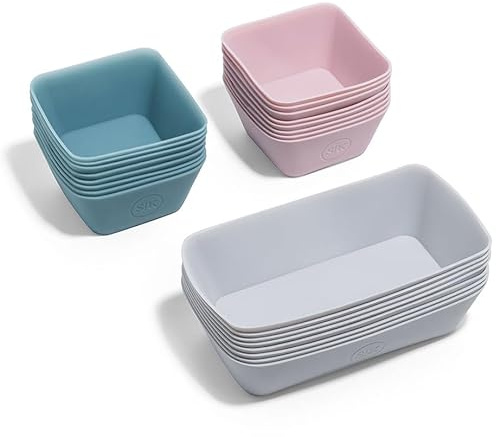 The Silicone Kitchen Reusable Silicone Bento Baking Cups, Non-Toxic, BPA Free, Dishwasher Safe Bento Box Accessories Lunch Box Dividers, Square and Rectangle, 24 Pack, Pink, Blue, Gray