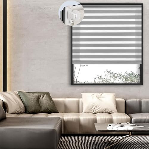 Doppelrollo ohne Bohren 85 x 70 cm Hitzeschutz, Sichtschutz Rollo Fensterrollo mit Klemmträger für Fenster & Tür, Hellgrau