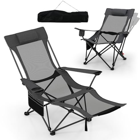 COSTWAY Folding Camping Chair, 2 in 1 Portable Reclining Camp Chair with Detachable Footrest, Adjustable Backrest, Storage Bag, Cup Holder & Headrest, Outdoor Lawn Chair for Fishing & Picnics (Grey)