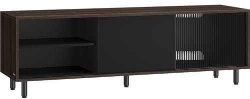 VASAGLE TV-Schrank, Toolless-Technologie, superschnelle werkzeuglose Montage, Fernsehtisch für Fernseher bis zu 60 Zoll, Wohnzimmer, Riffelglas, 140 x 39 x 45 cm, aschbraun-tintenschwarz LTV466K02