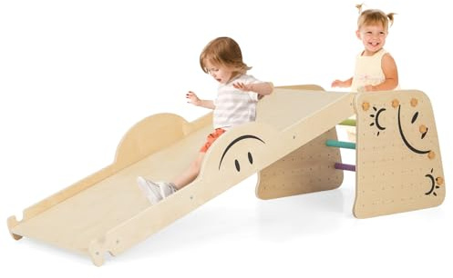 GOPLUS Kletterdreieck Indoor, 6 in 1 Klettergerüst mit Kletterleiter, Tritthocker, umkehrbarer Rampe, Rutsche und Wippe, Indoor-Spielplatz für Kleinkinder ab 3 Jahren