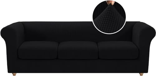 LINGKY Housse Canapé 3 Places Housses de Canapé Chesterfield Extensible avec Housse Coussin Canapé, Spandex Jacquard Housse Canape, Protection Canapé Antidérapante (Noir,3 Places)