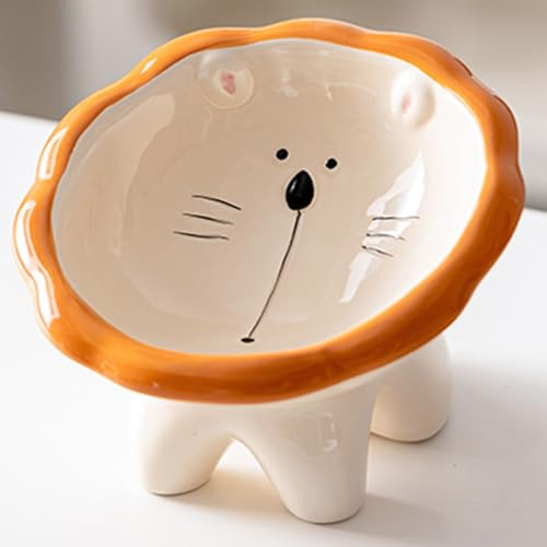 Busnos Futternapf Katze Keramik Erhöhter Trinknapf Katzen Löwenform Napf Trinknapf Katzen Futternapf Cat Bowl 15.5x16x12 cm Katzennapf 15 Neigung Katze Essen Teller Futterstation