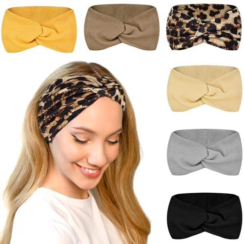 Sularpek 6 Pack Damen Breite Elastische Weiche Haarbänder,Leopard Print Haarschmuck, Knoten Verdrehtes Headbands Elastische Kopf Wickeln Niedlich Haarschmuck für Alltag Yoga Sport Fitness