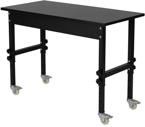 TANGZON Height Adjustable Workbench, Heavy Duty Metal Frame Wide Top Rolling Garage Work Bench with 4 Lockable Universal Wheels, Indoor Outdoor Large Workstation (10-Level Adjustable, Black)