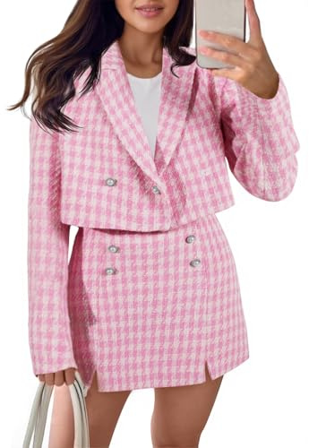 Cicy Bell Womens Cropped Tweed Blazer Sets 2 Piece Outfits and Mini Skirt Sets Business Casual Suits Pink