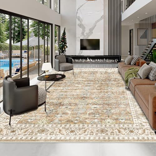 HOMFINE Beige Marrón Alfombra Salon Vintage 120x170 cm Grande Alfombras Lavable en Lavadora Pelo Corto Antideslizante Rug Carpet Tapete Sala para Habitacion Comedor Dormitorio Cocina Exterior
