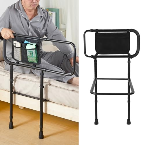 Ejoyous Riel de cama, Grua para Personas Mayores, Valla para Cama, Asas Altura Ajustable, Barandilla de Protección, Rieles de Mano con Bolsa, para Ancianos
