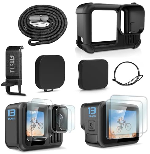FitStill Funda de silicona negro para Go Pro Hero13, Cubierta lateral de la batería y tapa de objetivo, protectores de pantalla y cordón