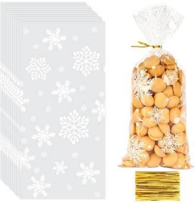 50 Stück Plätzchentüten Weihnachten,Süßigkeiten Füllen Transparent Tüten,Weihnachten Schneeflocke Cellophantüten,mit Twist Krawatten Süßigkeiten Tüten,für Bonbon Plätzchen Pralinen Deko Geschenktüten