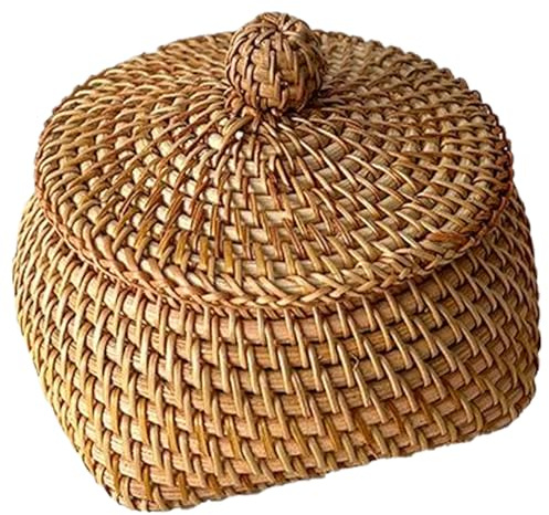 DAGLLGEW Bread Basket with Lid Natural Woven Rattan Basket Rattan Basket Bread Fruit Storage Rattan Box Farmhouse Kitchen Table Decor
