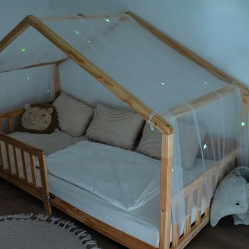 lilimaus Hausbett Himmel mit leuchtenden Sternen - Betthimmel Hausbett Deko | Geschenk Mädchen & Jungen - Himmelbett Vorhänge für 90x200 & 120x200 Kinderbetten - Leuchtsterne Kinderzimmer Deko