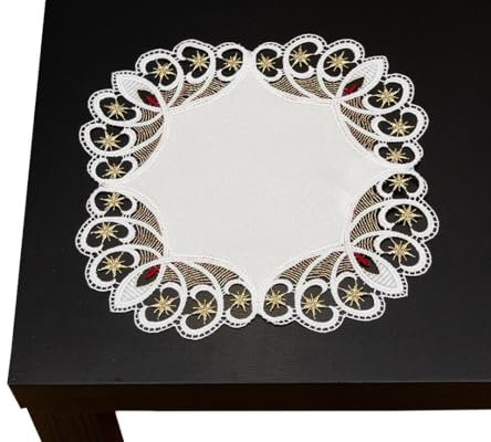 Generisch rundes Deckchen Weihnachten Sterne 30 cm Creme/Gold rot mit schöner Spitze Plauener Stickerei