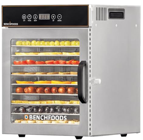 BenchFoods 10-Tray Commercial Food Dehydrator for Jerky, Spices & Snacks | Small & Compact Stainless Steel Dehydrator with Precise Temperature and Time Adjustment | Trays, Mats & Recipes Included
