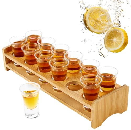 MUXHEL Juego de 12 vasos de chupito, soporte de 3 cl y vasos de chupito, vasos de chupito de 30 ml, soporte para cócteles y vasos de chupito, para fiestas, clubes, bares, bebidas