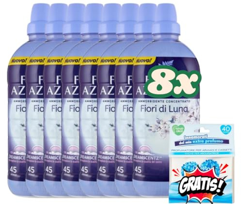 8X Ammorbidente Concentrato, 900ml, 45 Lavaggi (360 Lavaggi totali), + 1 bustina di profumatore biancheria Omaggio (Fiori di Luna)
