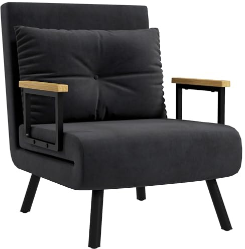 HOMCOM Sofá Cama de 1 Plaza 4 en 1, Sofá Cama Plegable Tapizado en Terciopelo con Respaldo Ajustable de 5 Niveles y Almohada Acolchada, para Oficina, Dormitorio, Salón, 63x73x81 cm, Negro