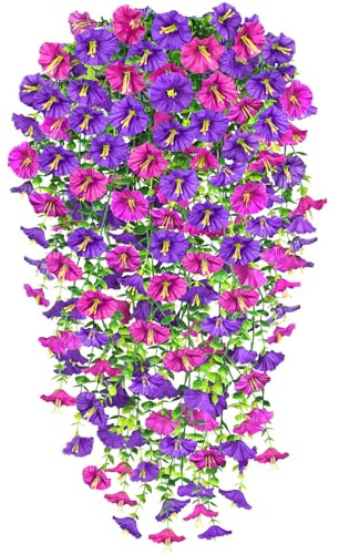 Yueshop 2PCS Artificial Hanging Flowers, Trailing Artificial Plants Outdoor | Purple Rose Morning Glory, Fake Flowers UV-Resistant, Artificial Hanging Baskets Hanging Plants Outdoor, Garden Wedding Decor