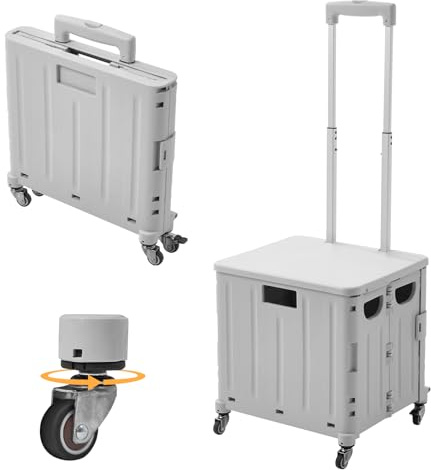 The Fellie 65L Foldable Shopping Trolley with 4 Rotate Wheels, Storage Boot Cart with Adjustable Telescopic Aluminium Handle, Portable Crate Handcart with Lid Grocery Trolley for Camping(45KG, Grey)