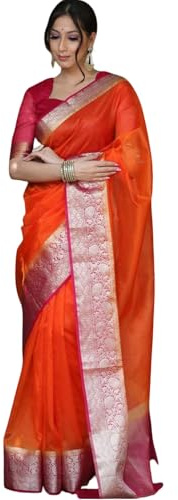 CLEVIO vävd design organza-designer banarasi sari – 26708854-CVO, Orange, en storlek