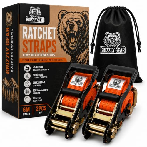 Grizzly Gear 2 Pack Heavy Duty Ratchet Straps – 6m x 50mm Tie Downs with Double J Hooks, 5000kg Break Strength Cargo Lashing for Trailers, Vans, Moving, Recovery (Orange)