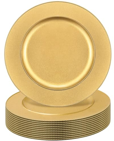 MAONAME Gold Charger Plates Set of 12, Beaded Charger for Dinner Plates | Round Plastic Plate Chargers, 13 Table Chargers Set of 12, Decorative Charger Plates for Wedding, Party, Christmas