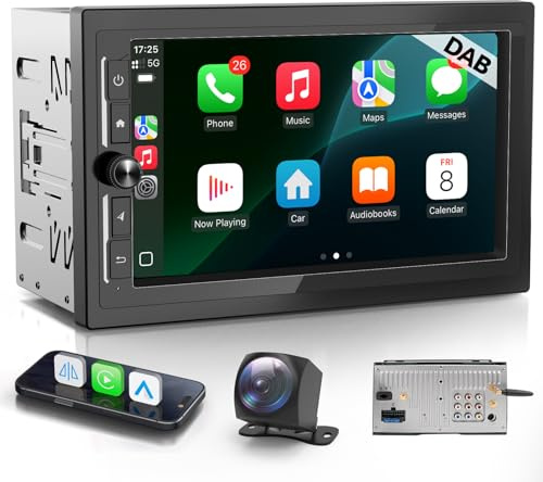 Haudio 7 Zoll 2 Din DAB Radio Android mit Wireless CarPlay & Wireless Android Auto,HD Radio Touch Display mit Rückfahrkamera,Bluetooth,AUX,AM/FM,Mirror Link,GPS-Navigation|Apple CarPlay Bildschirm