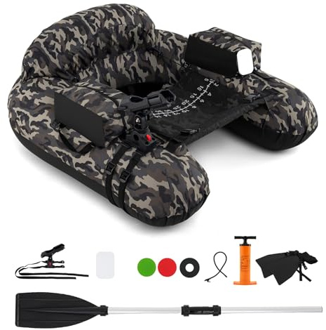 GOPLUS Barca de Pesca Inflable, Barco de Pesca Inflable con Remo de Aluminio, Aletas, Bomba de Aire, Soporte de Caña de Pescar Ajustable, Bolsillos de Almacenamiento, Bote Portátil (Camuflaje)