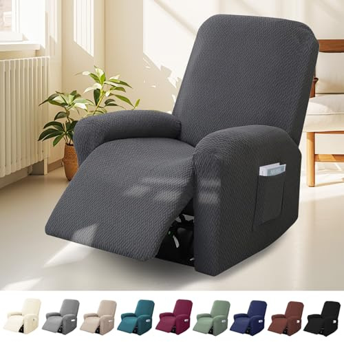 Bocguy Stretch Recliner Chair Cover, 4-Pieces Recliner Armchair Covers for Living Room Reclining Chair Slipcover with Side Pocket, High Spandex Slipcover/Lounge Cover, Slip Resistant