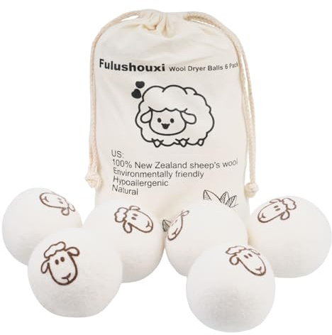 6 Pcs Wool Dryer Balls, Reusable New Zealand Natural Fabric Softener & Static Reducer Wool Laundry Balls for Dryer to Reduce Wrinkles & Shorten Drying Time, for Pet Hair & Laundry, with Storage Bag
