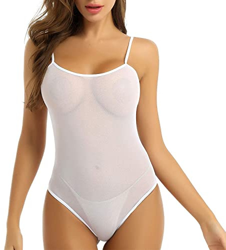 ROSVAY Body Sexy Transparente pour Femme avec Col en U, Bodysuit Tulle avec Bretelles Spaghetti, Stringbody Lingerie sans Manches Jumpsuit Monokini Maillot de Bain Une Pièce (Blanc)