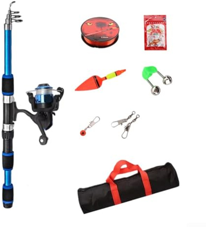 Honseadek 1. Juego de kits de pesca de 8 m, cebos completos con caña para principiantes y profesionales, ganchos ligeros de fibra de vidrio para carrete combinado de 100 m, poste portátil de viaje