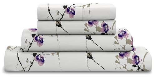Cotton Comfort Bedding 4PC Floral Printed Bed Sheet Set Double – 100% Egyptian Cotton 400 Thread Count | Includes 1 Fitted Sheet, 1 Flat Sheet & 2 Pillowcases | Luxury Floral Cotton Bedding
