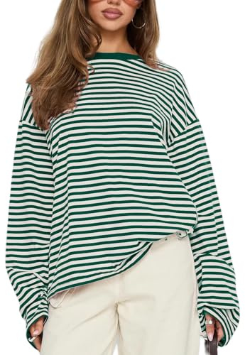 FeMereina Striped Long Sleeve Shirt Women Y2k Oversized Crewneck Vintage Tops Fall Winter Drop Shoulder Cute Preppy Pullover