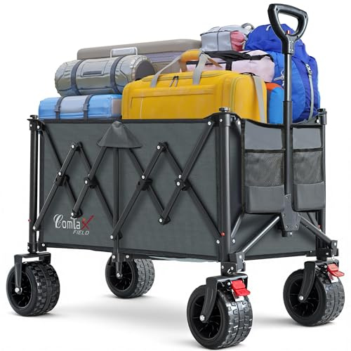 Chariot COMLAX FIELD Pliable 200L 200KG, Chariot Pliable avec Roues Larges, Chariot de Plage Pliable avec Freins, Charrette Grise