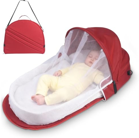 WoRaum Portable Baby Reisebett – Faltbares Stubenwagen mit Moskitohaube – Atmungsaktives Netz & Schnellaufbau in 1 Minute – Inklusive Matratze & Tragetasche – Leicht & Kompakt (Rot)