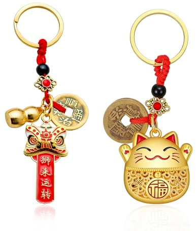 RAOPNHS Ensemble de 2 Porte-clés Chat et Danse du Lion Porte-bonheur avec Pièces Feng Shui en Laiton pour la Prospérité, le Succès et la Protection sur Porte-clés, Sac ou Décoration Cadeau