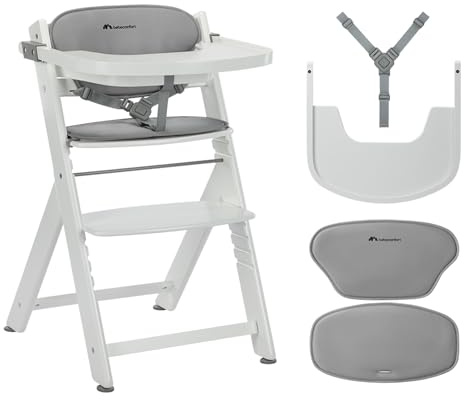 Bebeconfort Timba 2 con Cuscino, Seggiolone Pappa Evolutivo in Legno, 6+ Mesi, Fino a 110 kg, Sedia Evolutiva Ergonomica, Regolabile in Altezza, Vassoio Amovibile, White + Grey