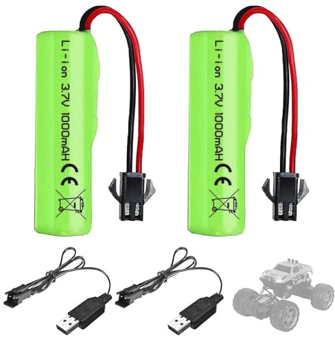 SKIKHN 2 Stück 1000mAh 3.7V RC Akku,Wiederaufladbare Lithium-Batterien mit UBS Ladekabel SM-2P Stecker,Universal Li-Ion Battery Compatible Für RC Fahrzeuge,Boote,Panzer,Auto,Roboter,Stunt Car,Grün