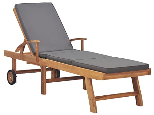 Keeushr Classico lettino prendisole in teak con design a doghe e cuscino grigio scuro, schienale regolabile, ripiano estraibile e 2 ruote per un facile trasporto